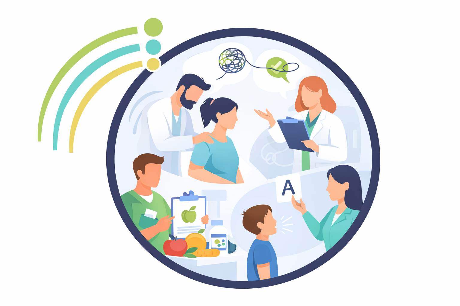 A doctor and a patient discussing health, surrounded by various elements such as a clipboard, fruits, and a brain.